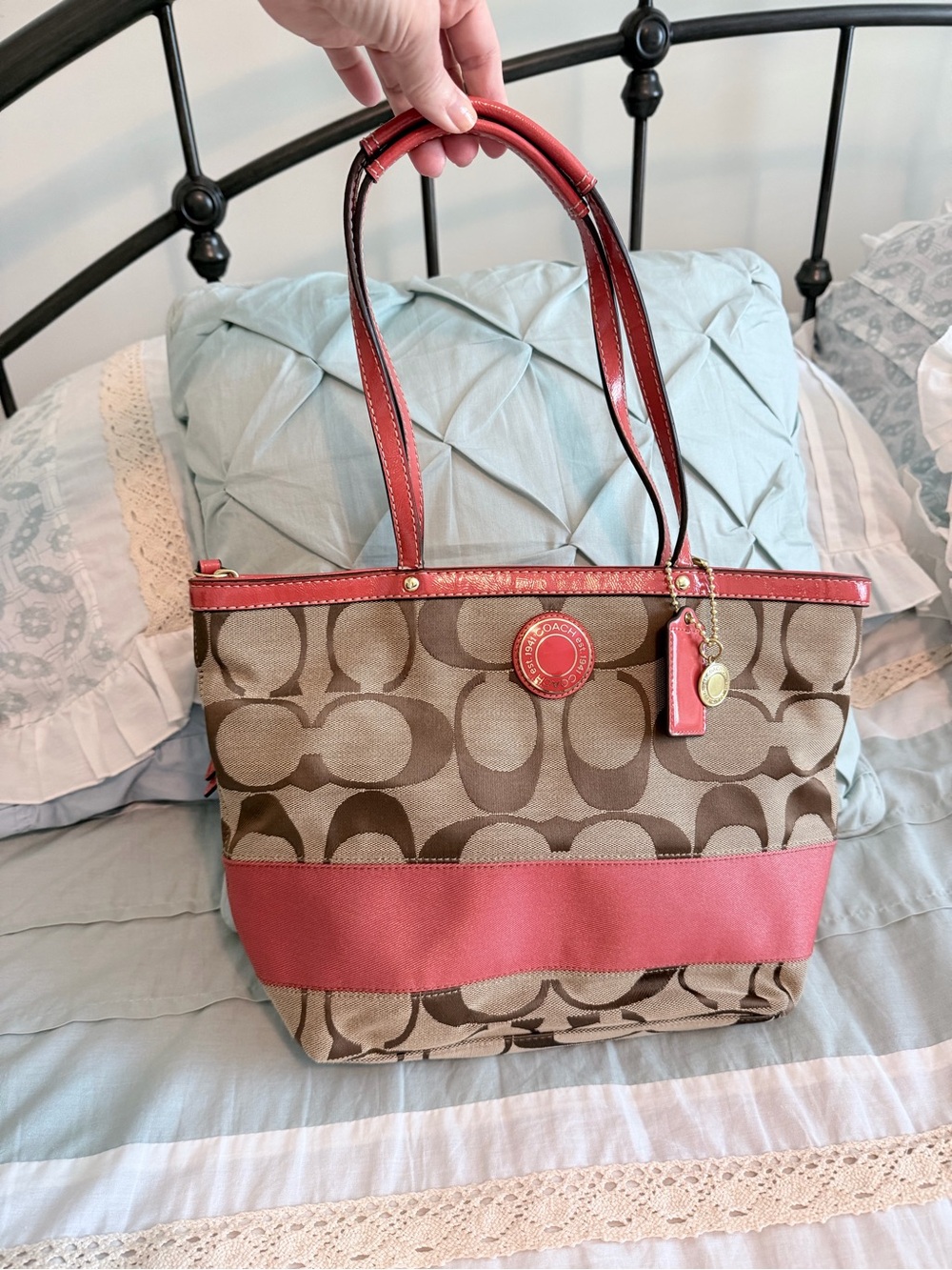 Coach Signature Canvas Tote with Coral Trim